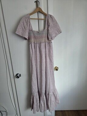 Baybala Floral Cottagecore Dainty Tiered Long Maxi Pink Cotton Dress Size Small
